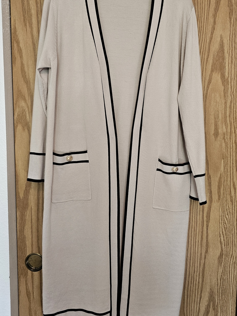 Beige Long Open Cardigan with Black Trim